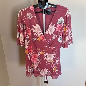 City Chic Floral Wrap Blouse - Brown, pink and White